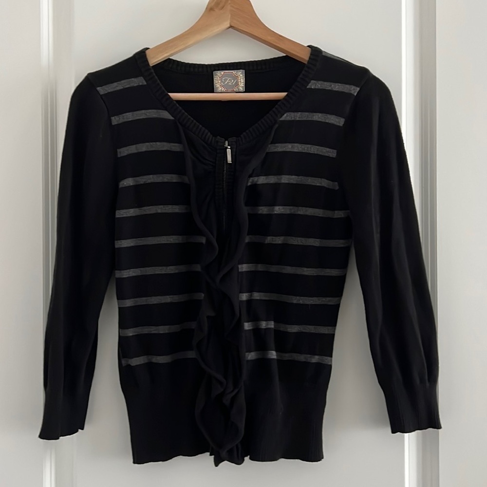 FOREVER 21 Black Striped Cardigan with Zip Up Ruffle